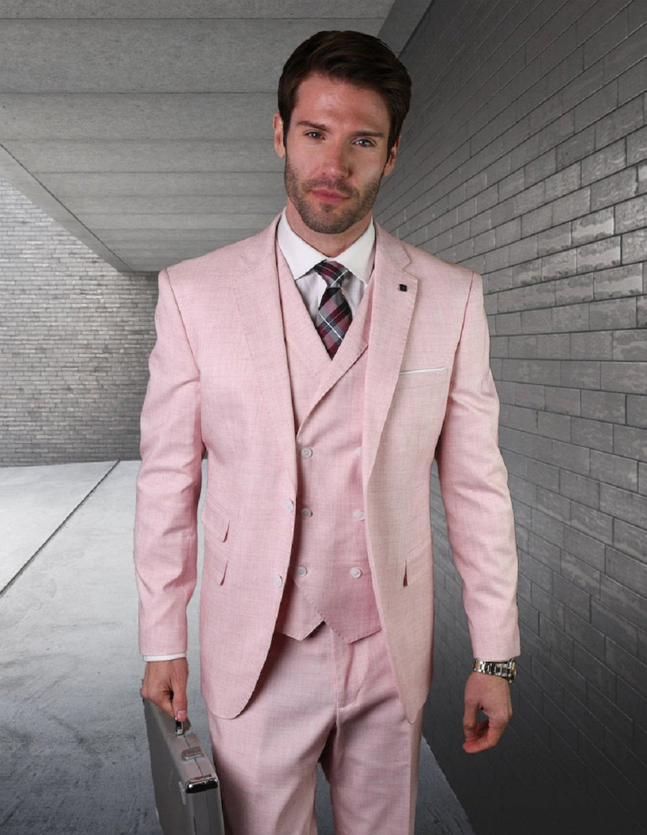 Light Pink Suit For Men Mens 2 button Slim Fit Suit with Double Breasted Vest in Pink - Pink