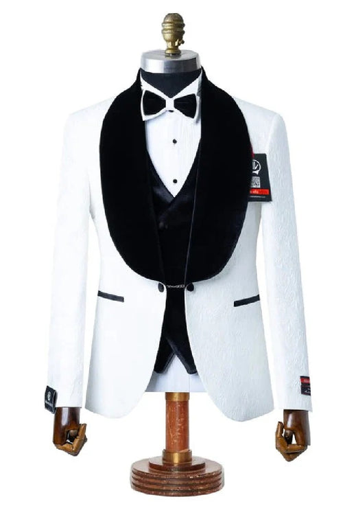 Gianni Men’s White 3 Piece Tuxedo with Black Velvet Lapel, Tailored Fit Formal Wedding Prom Suit