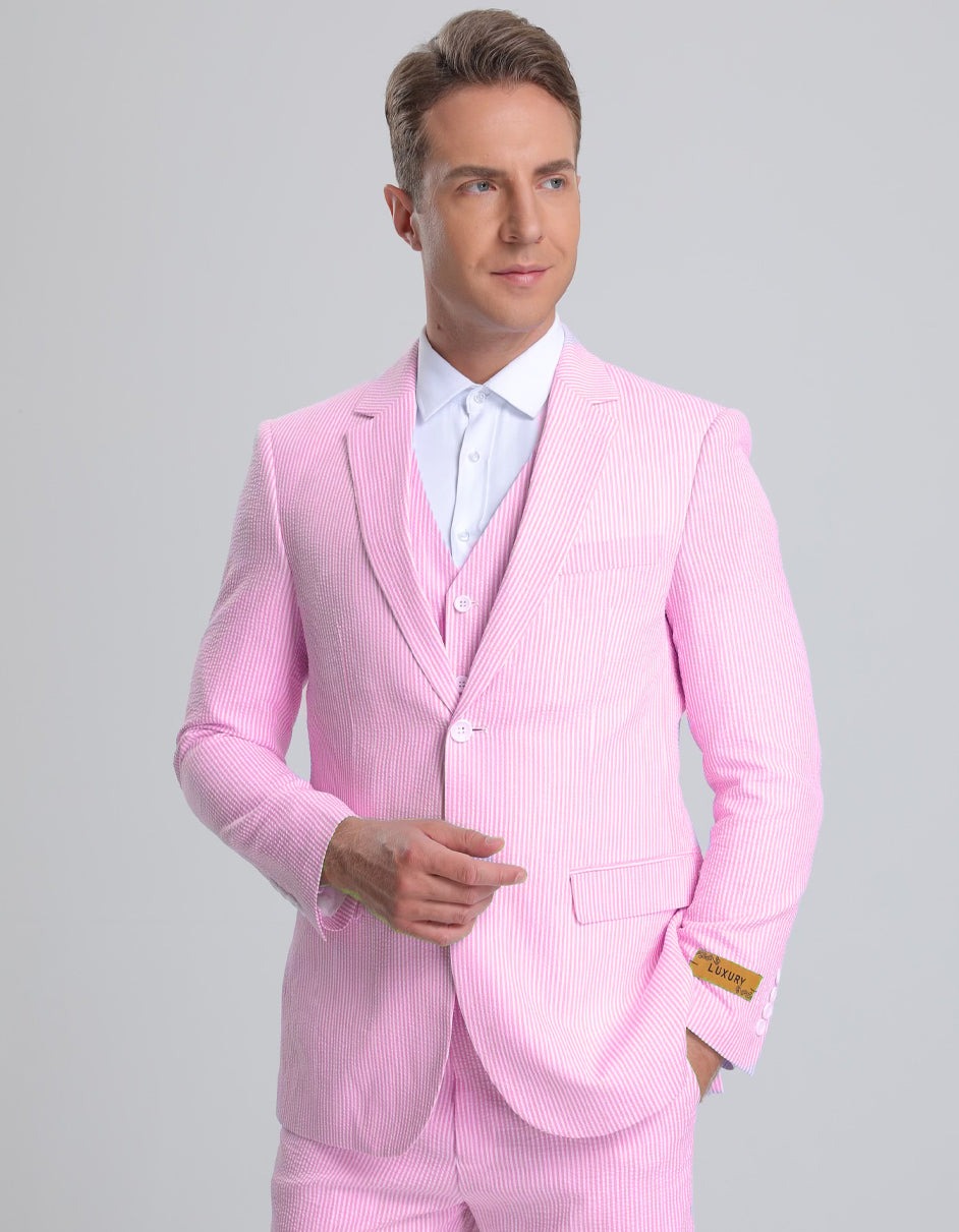 Light Pink Suit For Mens Vested Summer Seersucker Suit in Pink Pinstripe