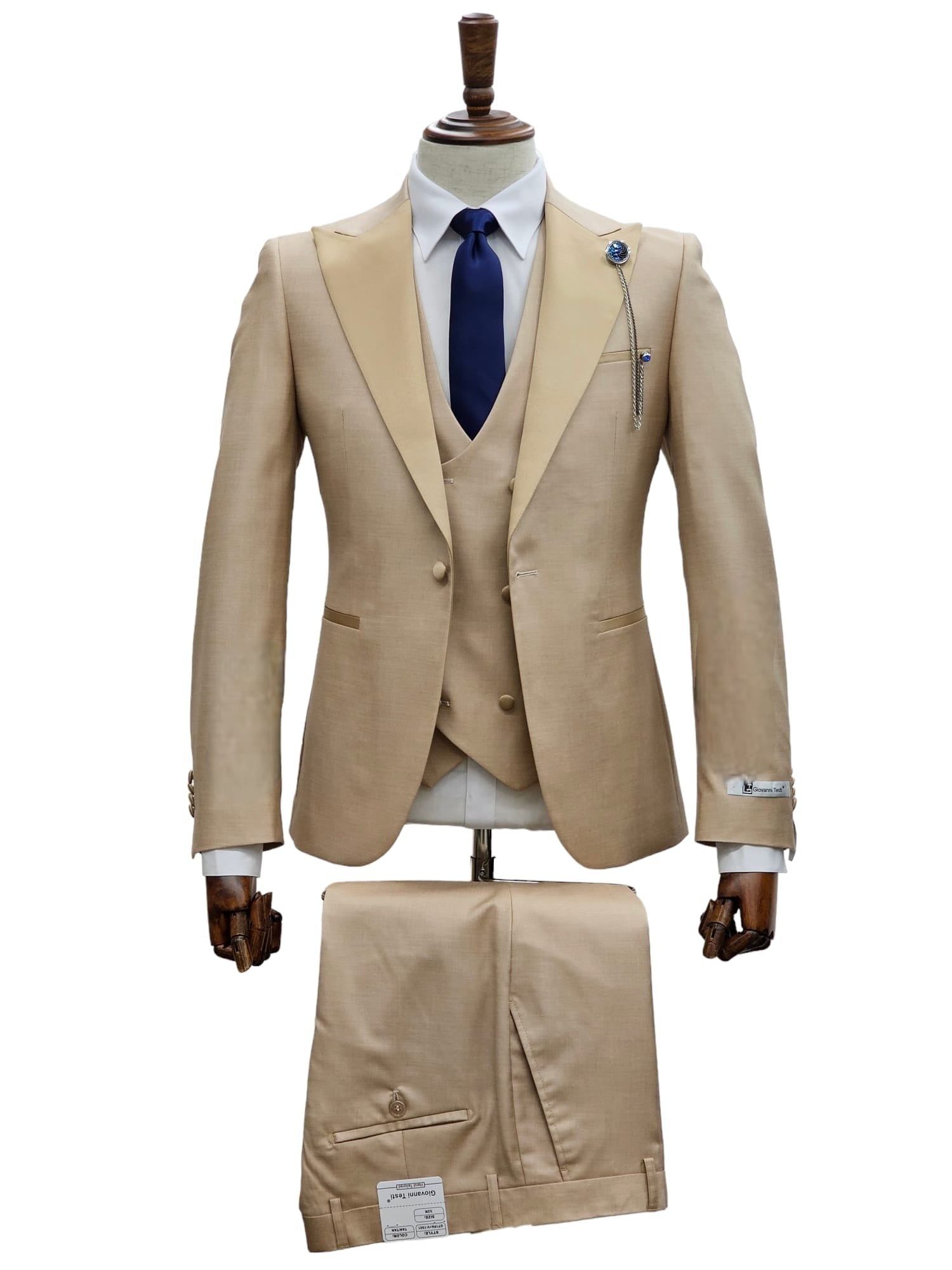 Giovanni Testi Suits With Double Breasted Vest - 3 Pieces  Peak Lapel  in Tan