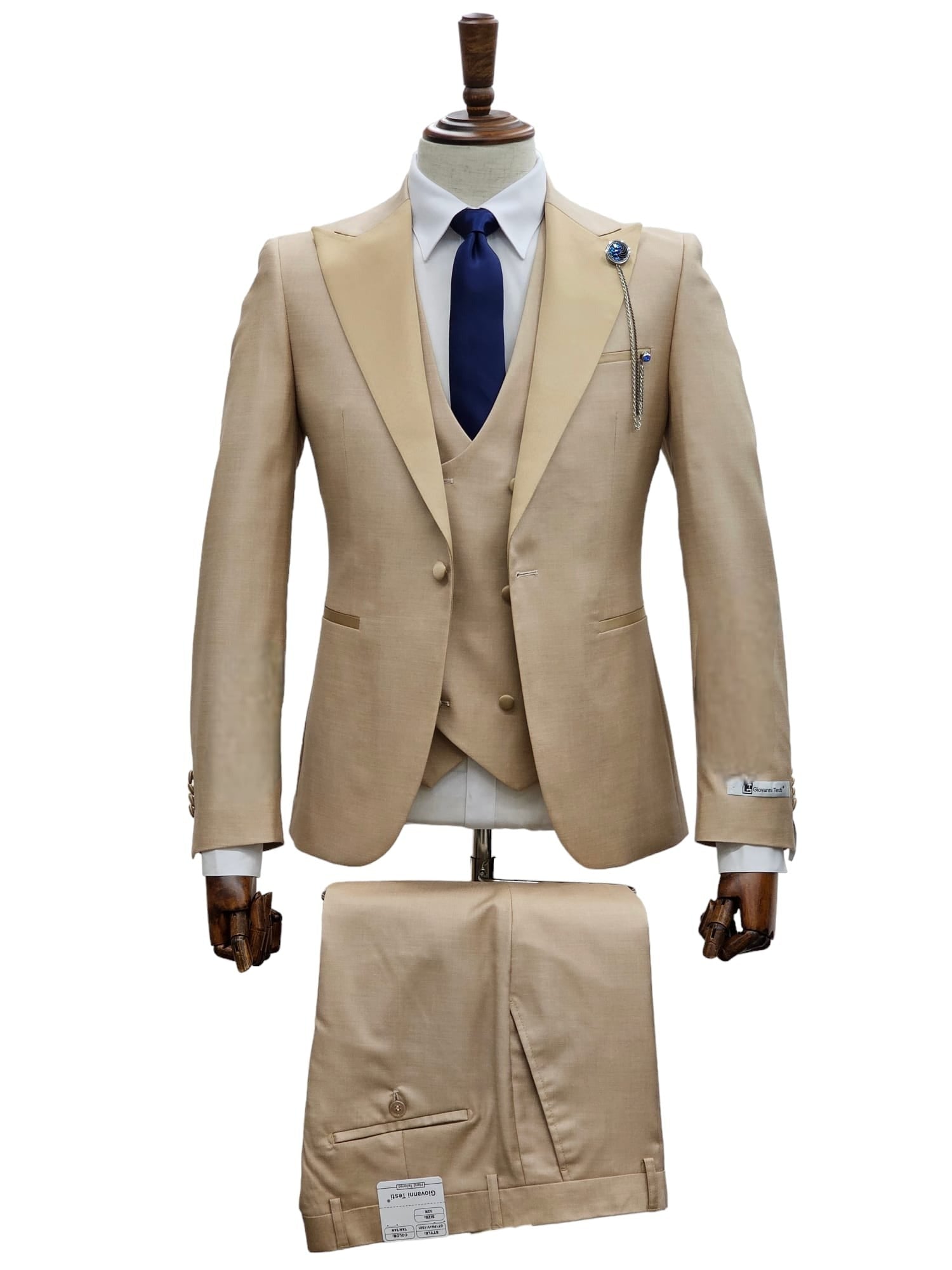 Giovanni Testi Suits With Double Breasted Vest - 3 Pieces  Peak Lapel  in Tan - 34 Short