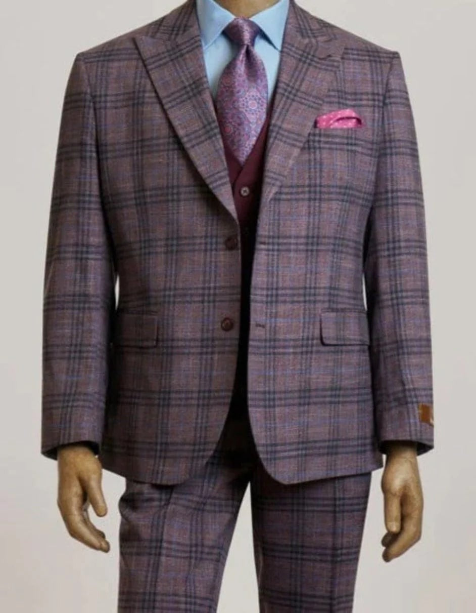 Steve Harvey Suit - Peak Lapel Modern Fit - No Pleated Pants Designer Brand Single Breasted Mauve 3 Piece Vested Suit