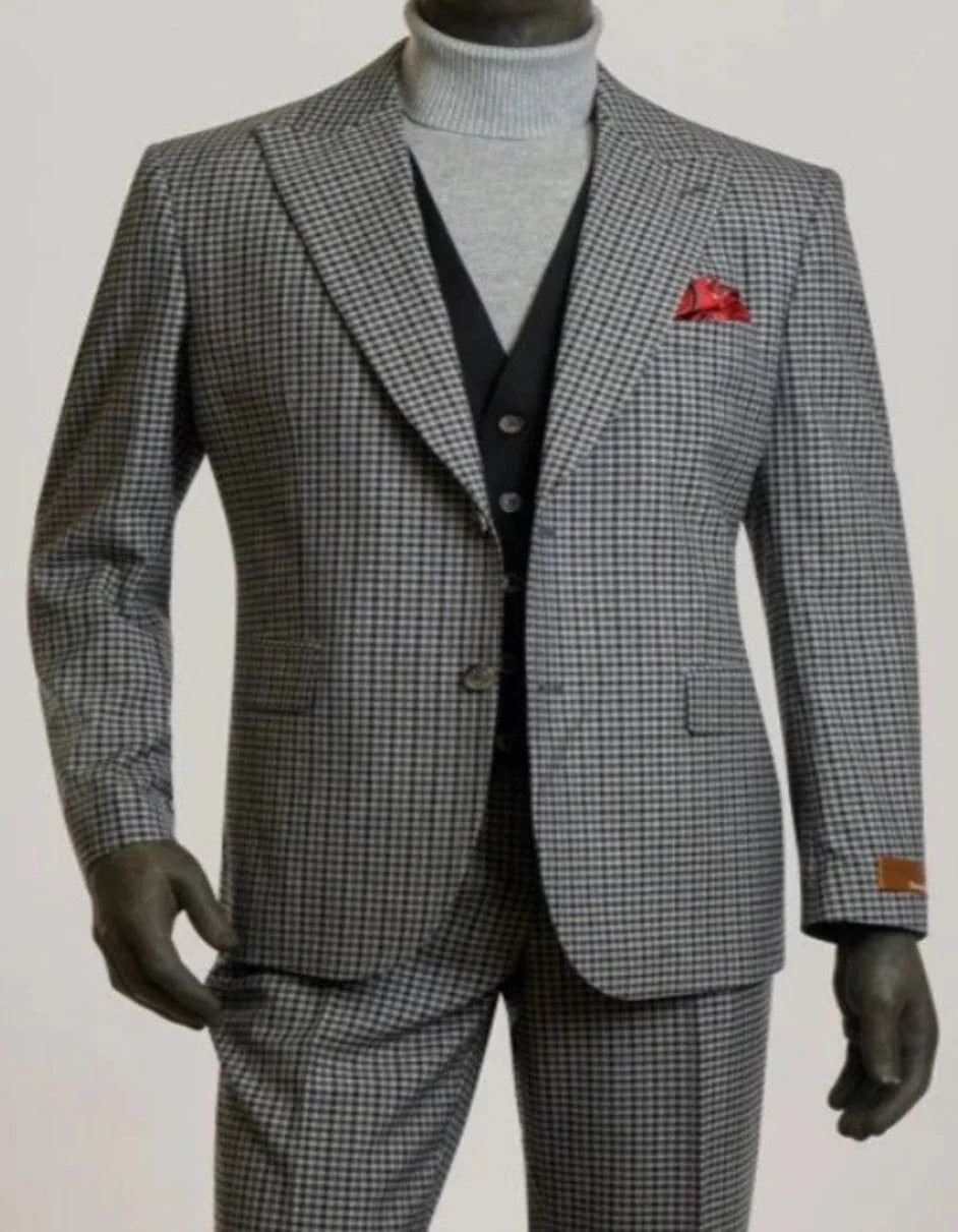 Steve Harvey Suit - Peak Lapel Modern Fit - No Pleated Pants Designer Brand Gray Single Breasted 3 Piece Vested Suit - 34 Short or Extra Small