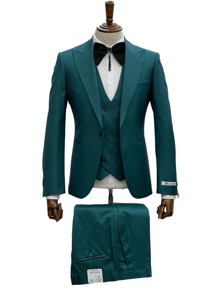 Giovanni Testi Suits With Double Breasted Vest - 3 Pieces  Peak Lapel  in Green suit - 34 Short