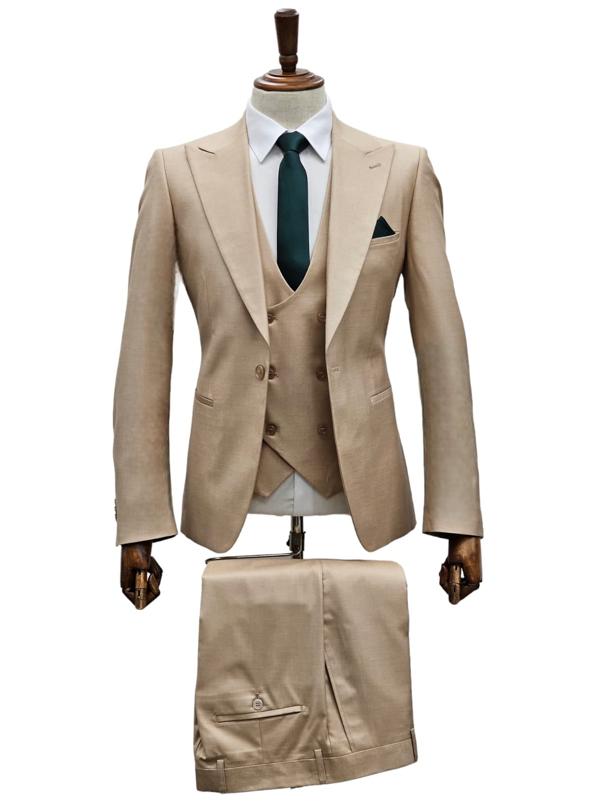 Giovanni Testi Suits With Double Breasted Vest - 3 Piece Beige - 34 Short