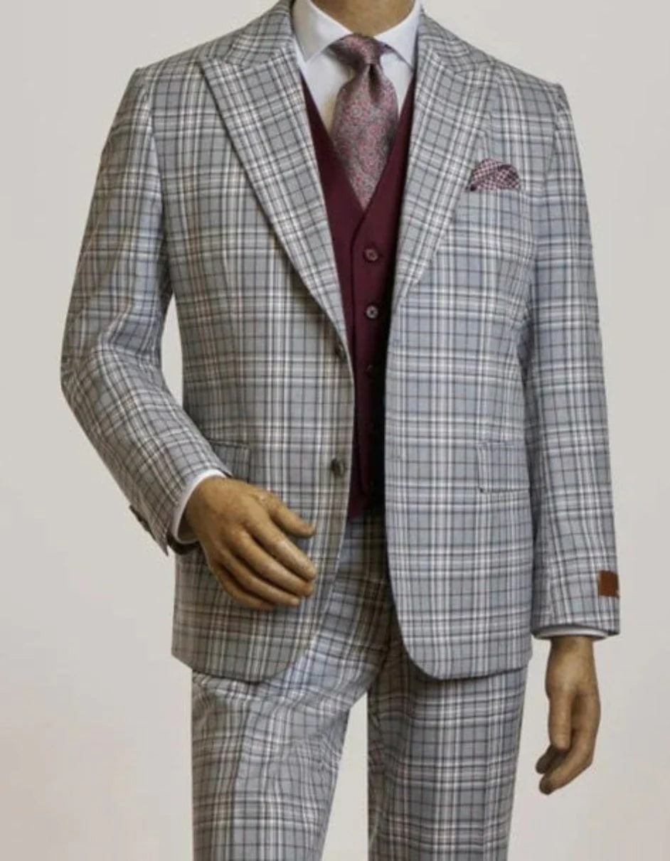 Steve Harvey Suit - Peak Lapel Modern Fit - No Pleated Pants Designer Brand Gray 3 Piece Vested Suit - Coat Size 38