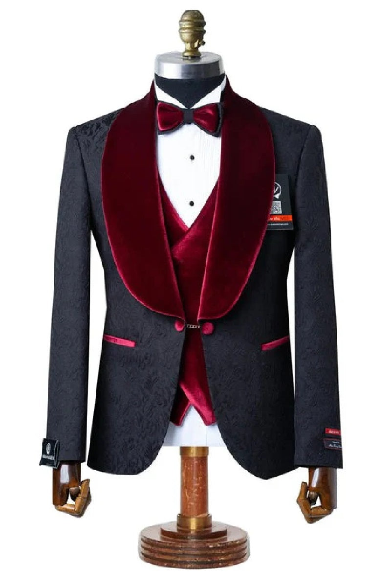 Gianni | Black with Burgundy Velvet Lapel 3-Piece Tailored-Fit Tuxedo - 34 Short or Extra Small