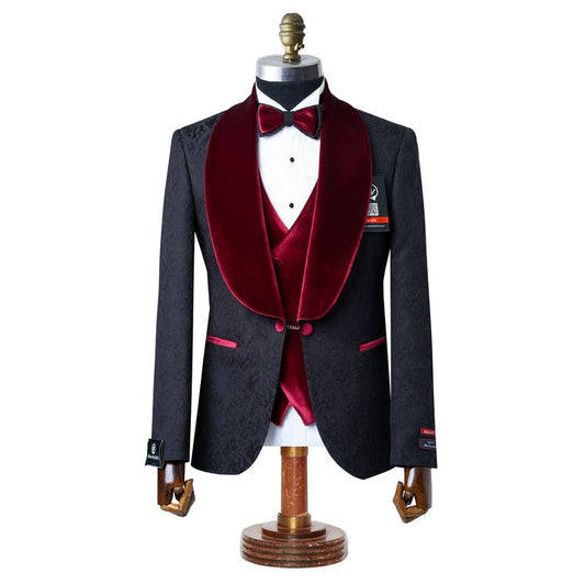 Gianni | Black with Burgundy Velvet Lapel 3-Piece Tailored-Fit Tuxedo