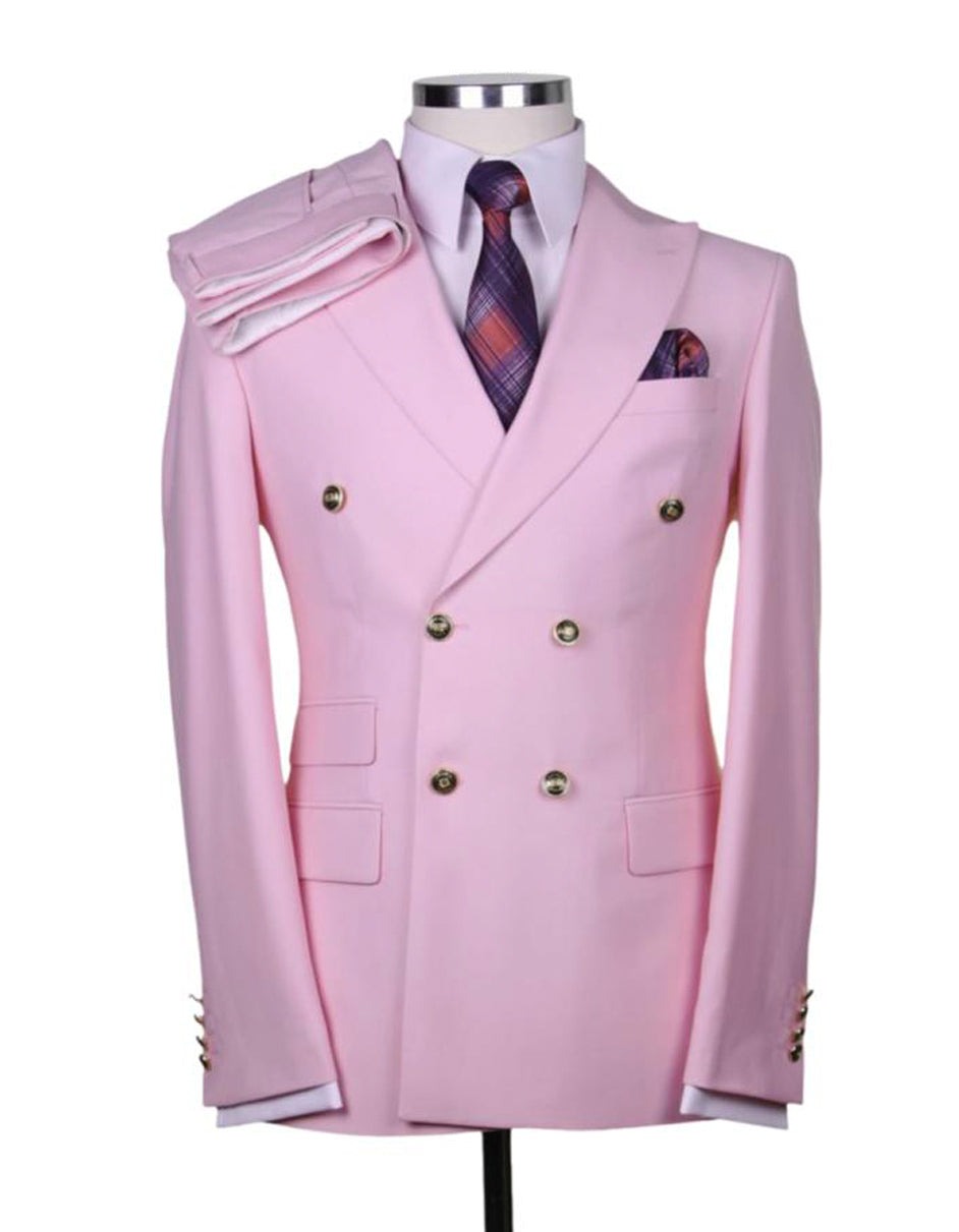 Light Pink Suit For Men Designer Modern Fit Double Breasted Wool Suit with Gold Buttons in Pink