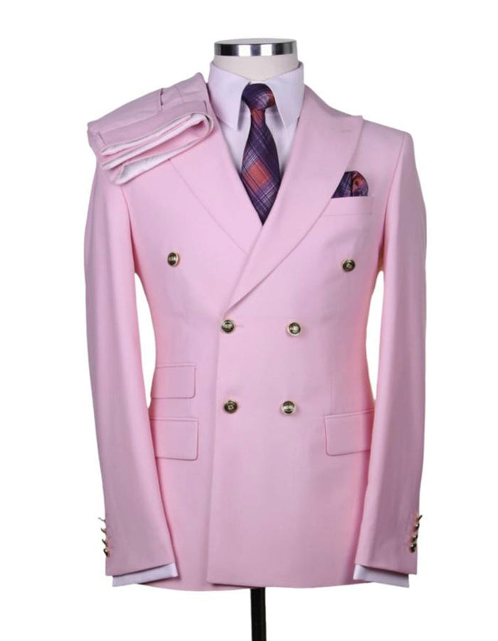 Light Pink Suit For Men Designer Modern Fit Double Breasted Wool Suit with Gold Buttons in Pink