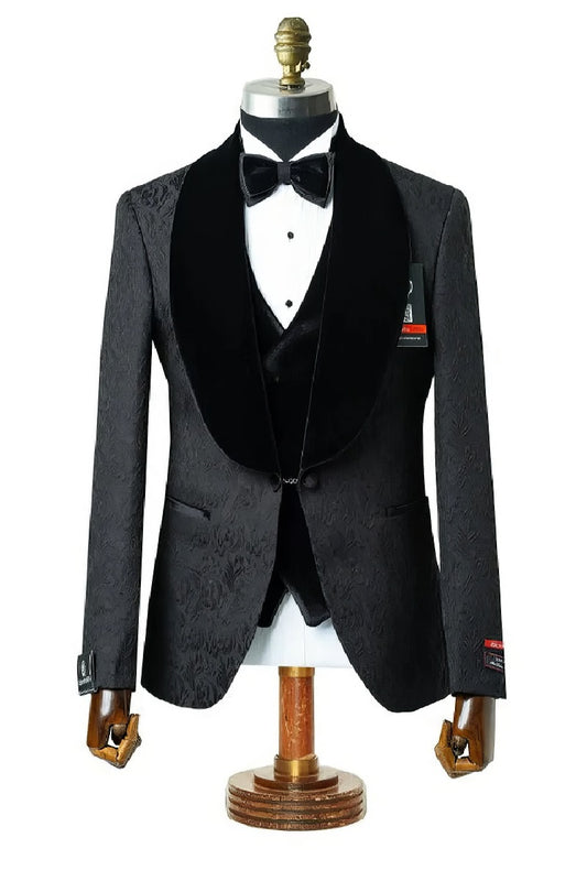 Gianni | Black with Black Velvet Lapel 3-Piece Tailored-Fit Tuxedo Black Velvet Suits and Tuxedos