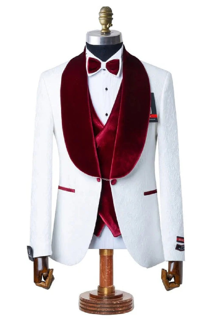 Men’s Gianni White and Burgundy Velvet Lapel 3 Piece Tuxedo, Formal Wedding Prom Suit