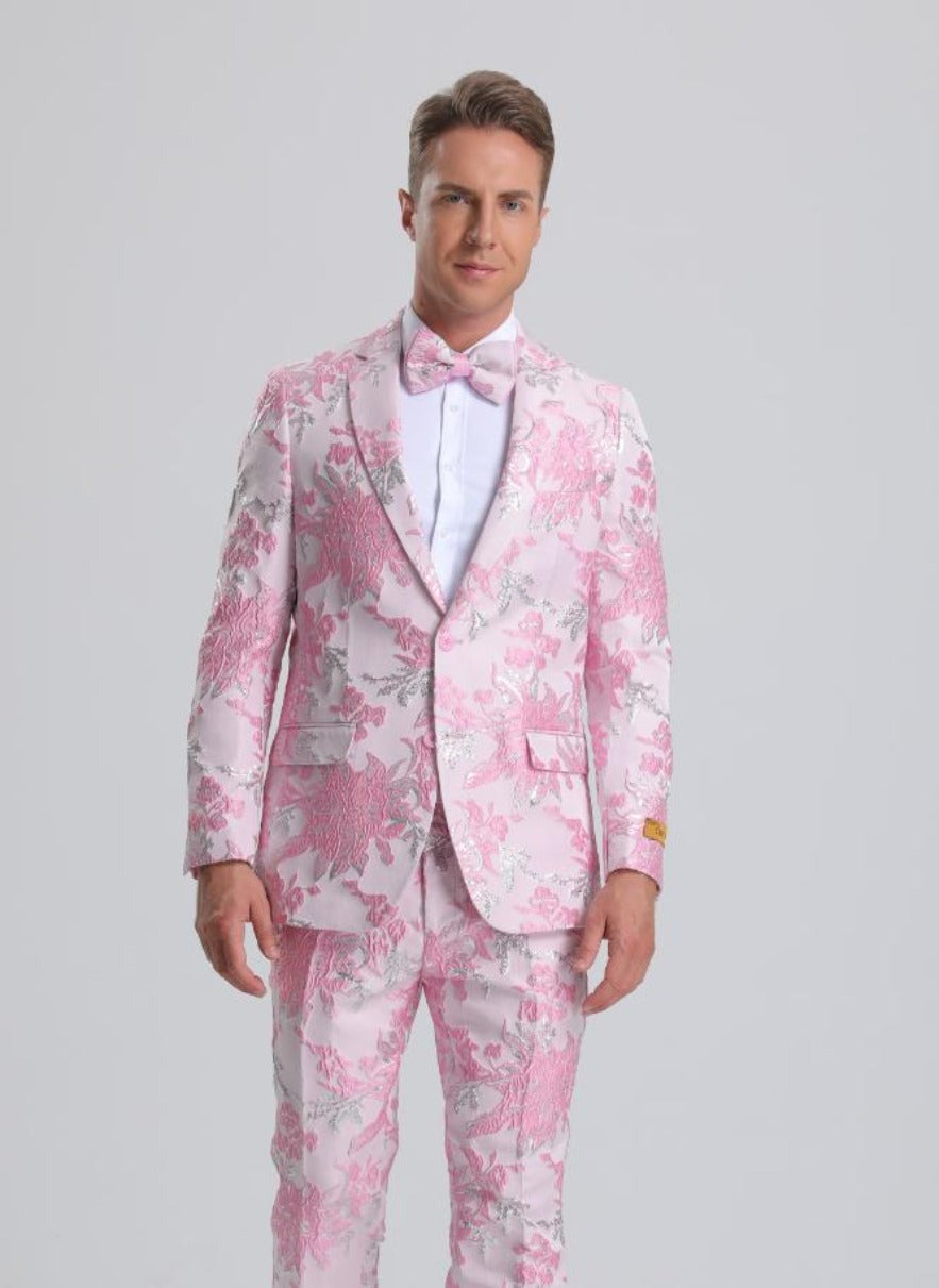 Light Pink Suit For Men's Pink & Silver Floral Paisley Prom 2026 Tuxedo - Pink