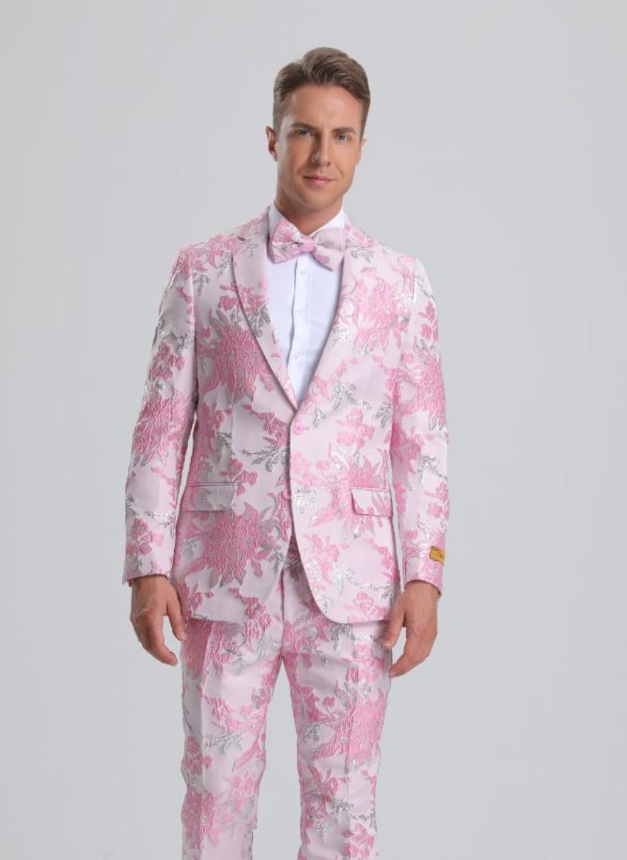 Light Pink Suit For Men's Pink & Silver Floral Paisley Prom Tuxedo