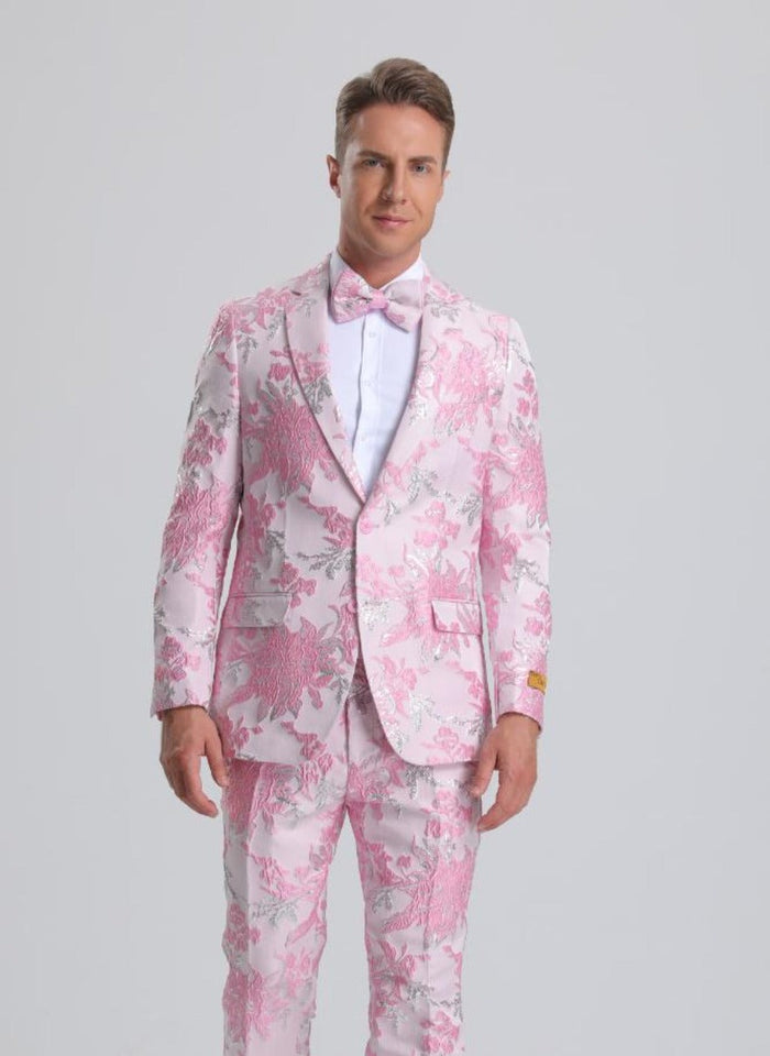 Light Pink Suit For Men's Pink & Silver Floral Paisley Prom 2026 Tuxedo