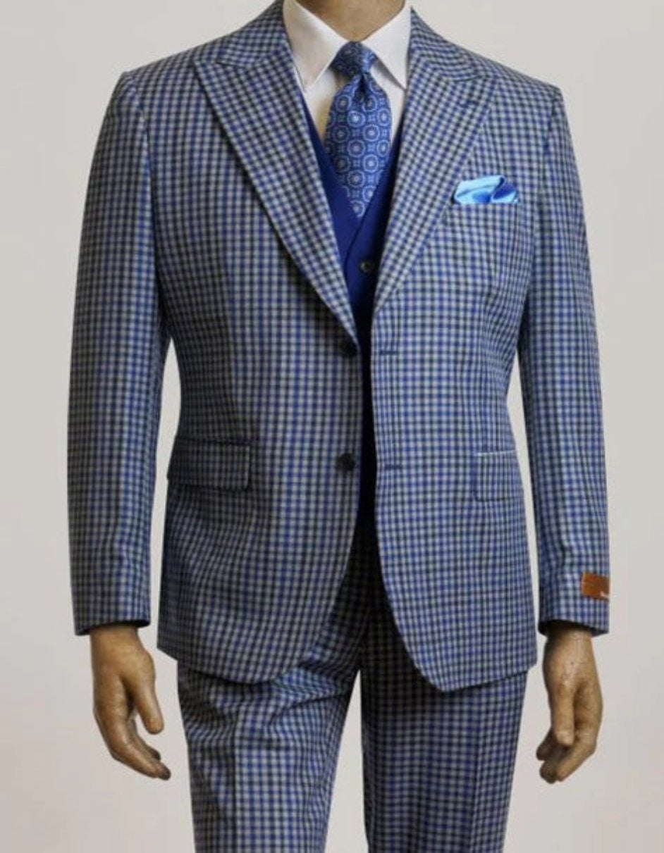 Steve Harvey Suits - Blue Suit - Designer Brand Suit No Peak Lapel Pleated Pants Modern Fit - 34 Short or Extra Small