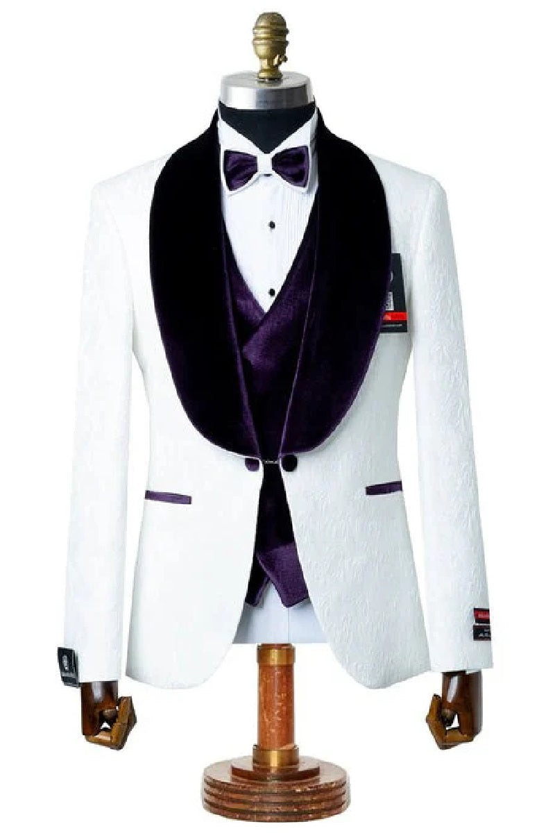 Gianni | White with Purple Velvet Lapel 3-Piece Tailored-Fit Tuxedo