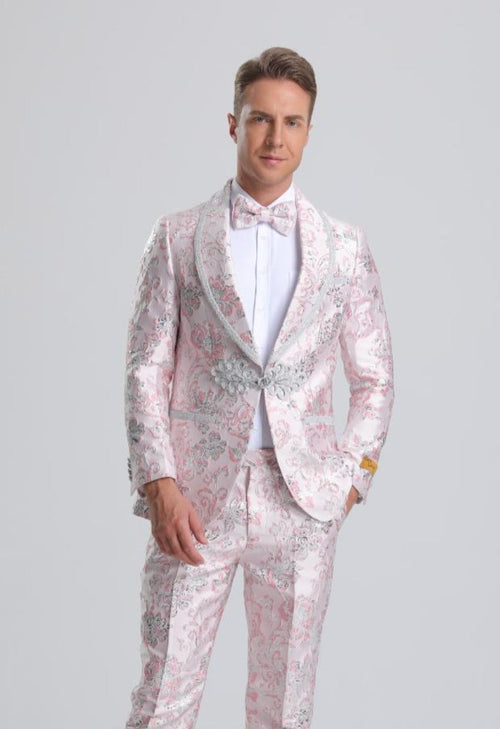 Light Pink Suit For Men's Fancy Pink Floral Paisley Prom 2026 Tuxedo with Silver Trim