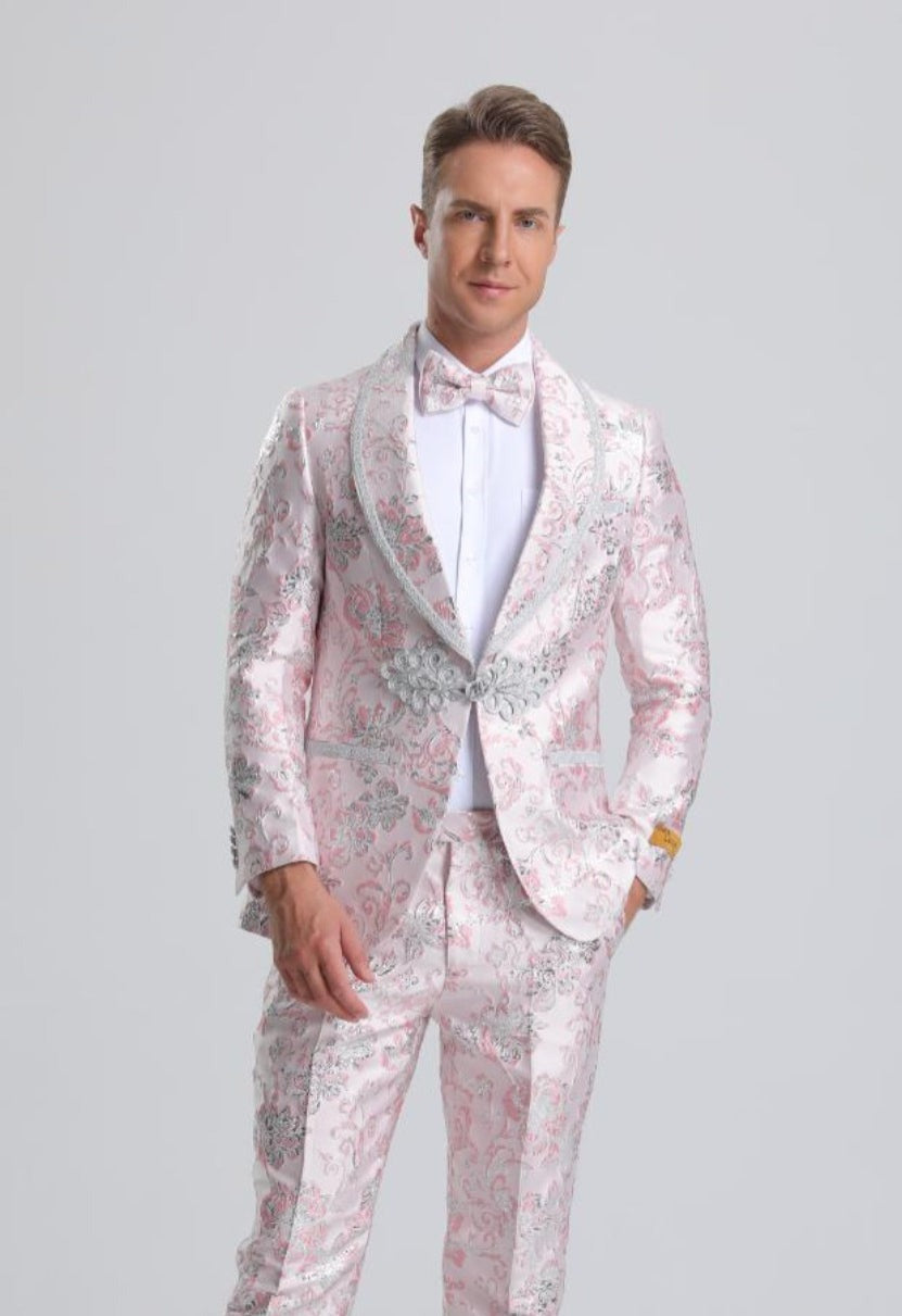 Light Pink Suit For Men's Fancy Pink Floral Paisley Prom Tuxedo with Silver Trim