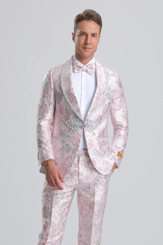 Light Pink Suit For Men's Fancy Pink Floral Paisley Prom 2025 Tuxedo with Silver Trim Pink Prom 2025 Suits