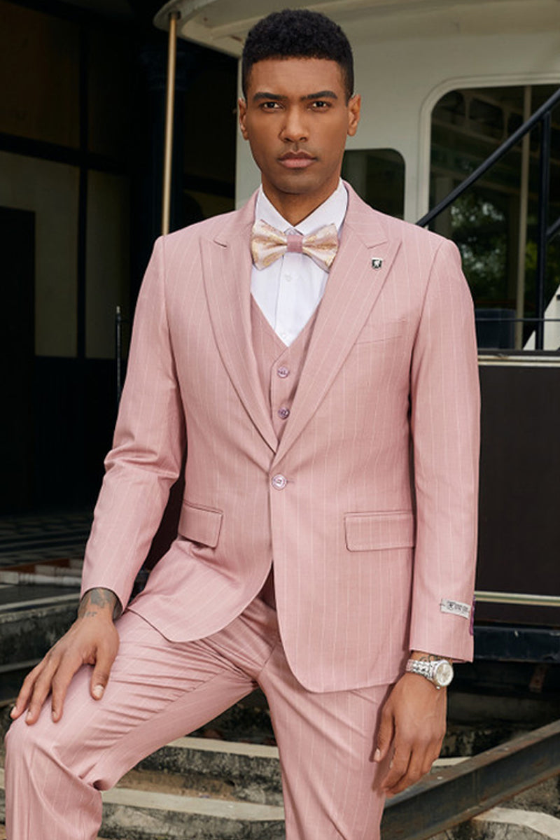"Stacy Adams Men's Modern Vested Suit - One Button, Rose Pink Pinstripe"