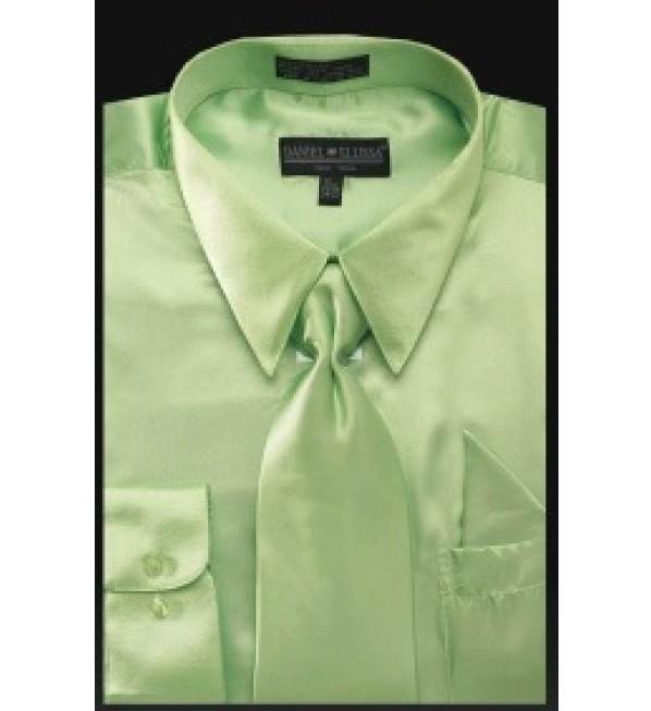 "Apple Green Satin Dress Shirt Set for Men - Regular Fit with Tie & Pocket Square"