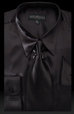 "Black Satin Men's Regular Fit Dress Shirt Set with Tie & Pocket Square"