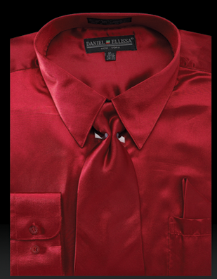 Burgundy Men's Regular Fit Satin Dress Shirt Set with Tie & Pocket Square - 14Â½   32/33