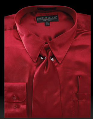 Burgundy Men's Regular Fit Satin Dress Shirt Set with Tie & Pocket Square