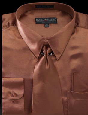 "Copper Satin Dress Shirt Set for Men - Regular Fit with Tie & Pocket Square"