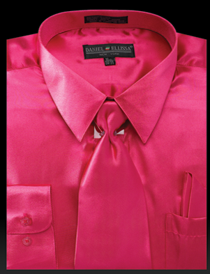 "Fuchsia Pink Men's Satin Dress Shirt Set - Regular Fit with Tie & Pocket Square"