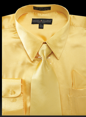 Gold Satin Men's Regular Fit Dress Shirt Set with Tie & Pocket Square