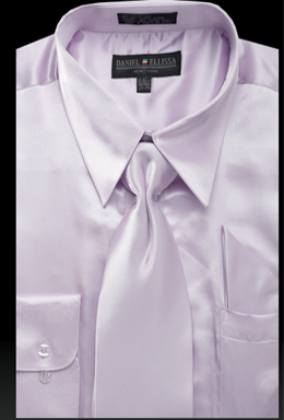 "Lilac Lavender Men's Satin Dress Shirt Set - Regular Fit with Tie & Pocket Square"