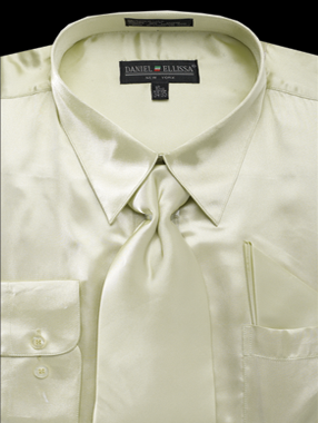 "Olive Green Men's Satin Dress Shirt Set - Regular Fit with Tie & Pocket Square" - 14Â½   32/33