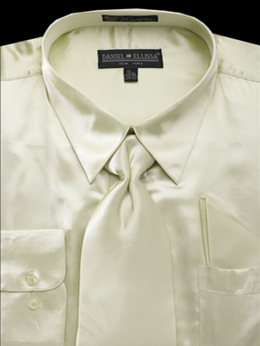 "Olive Green Men's Satin Dress Shirt Set - Regular Fit with Tie & Pocket Square"