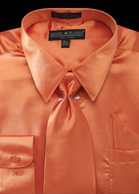 "Orange Satin Dress Shirt Set for Men - Regular Fit with Tie & Pocket Square" - 14Â½   32/33