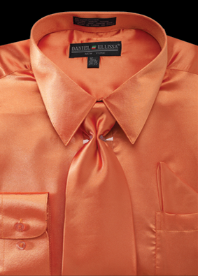 "Orange Satin Dress Shirt Set for Men - Regular Fit with Tie & Pocket Square"