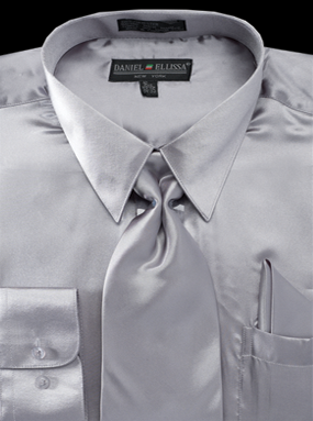 Grey Satin Dress Shirt Set for Men - Regular Fit with Tie & Pocket Square - 14Â½   32/33
