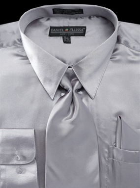 Grey Satin Dress Shirt Set for Men - Regular Fit with Tie & Pocket Square