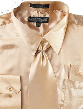 "Satin Dress Shirt Set for Men - Regular Fit, Taupe, Includes Tie & Pocket Square" - 14Â½   32/33