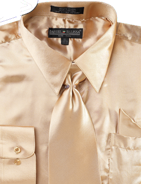 "Satin Dress Shirt Set for Men - Regular Fit, Taupe, Includes Tie & Pocket Square"