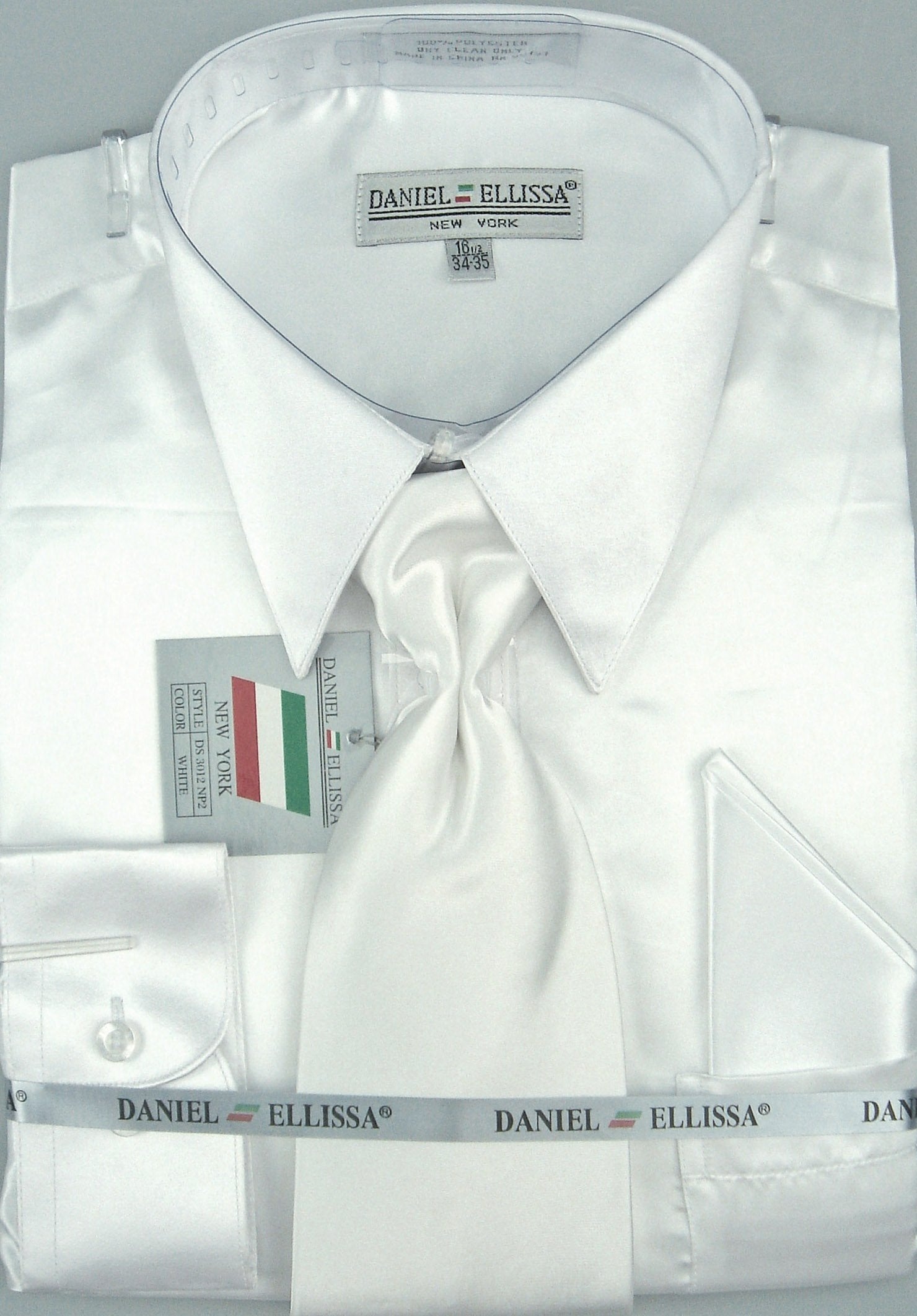 White Satin Men's Dress Shirt Set with Tie & Pocket Square - Regular Fit