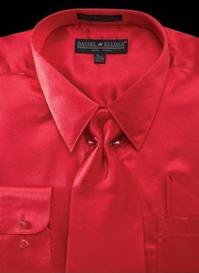 "Red Satin Dress Shirt Set for Men - Regular Fit with Tie & Pocket Square"