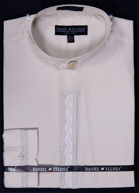 "Men's Beige Regular Fit Dress Shirt with Silver Wave Embroidery - Banded Collar"