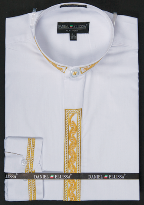 "Men's Regular Fit Dress Shirt - Banded Collar, White with Gold Wave Embroidery"