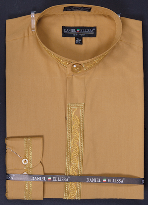 "Men's Honey Gold Regular Fit Dress Shirt with Banded Collar & Embroidery"