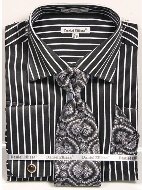 "Men's Pinstripe Dress Shirt & Tie Set - Regular Fit, Spread Collar, Gangster Black & White" - 15Â½ 33/34