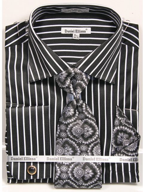 "Men's Pinstripe Dress Shirt & Tie Set - Regular Fit, Spread Collar, Gangster Black & White"