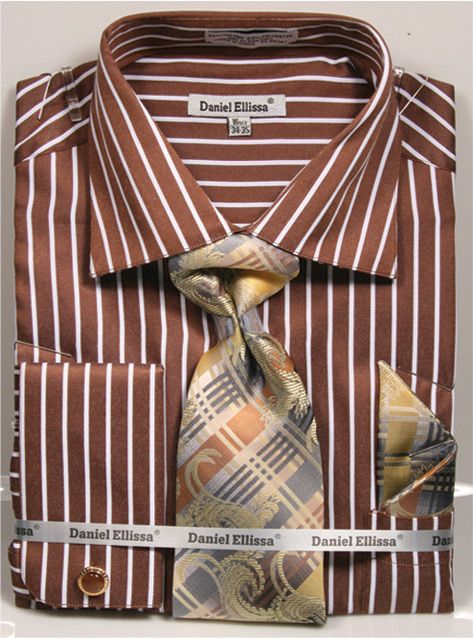 Men's Pinstripe Dress Shirt & Tie Set - Regular Fit, Spread Collar, Gangster Brown & White