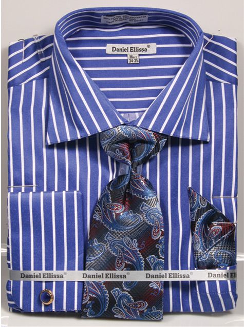 "Men's Royal Blue Pinstripe Dress Shirt & Tie Set - Regular Fit, Spread Collar" - 15Â½ 33/34